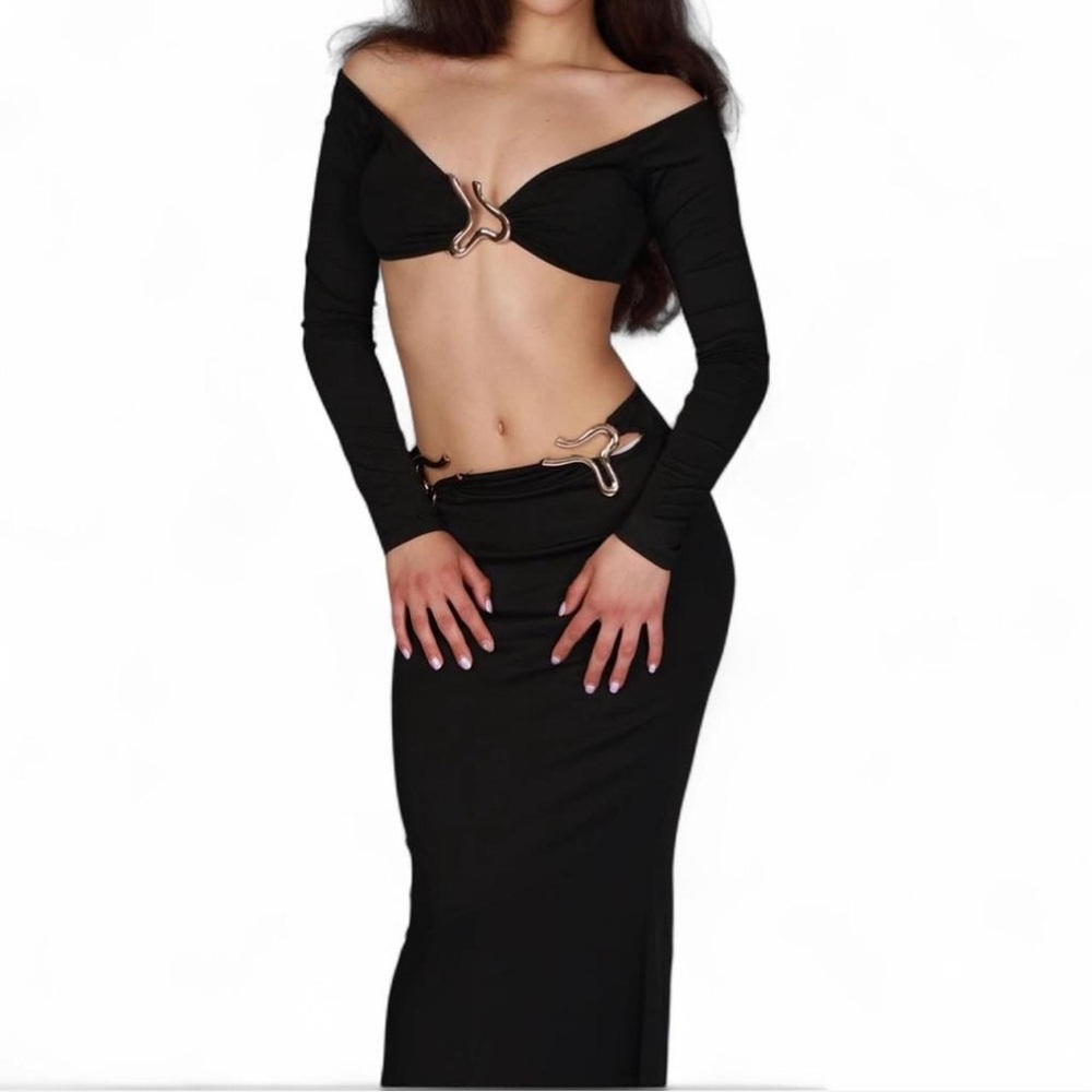 Black Off Shoulder 2-Piece Set w/ Gold Hardware